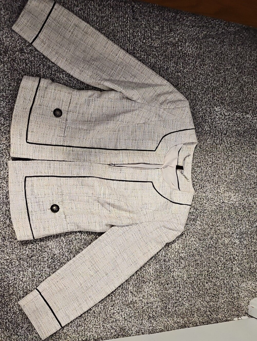 White House Black Market Cream Tweed Blazer with Black Trim